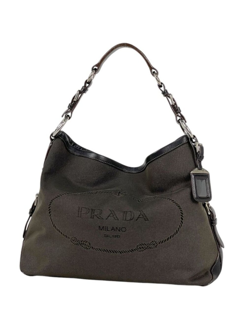 Prada Shoulder Bag Logo Jacquard Canvas Brown